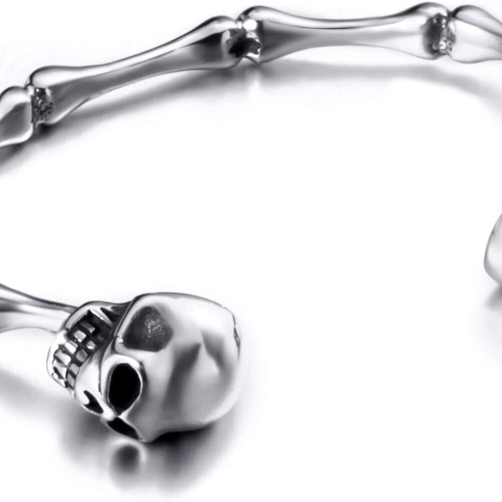 Adjustable Size Men Skull Bracelet Stainless Steel Skeleton Bones Silver Cuff Bi